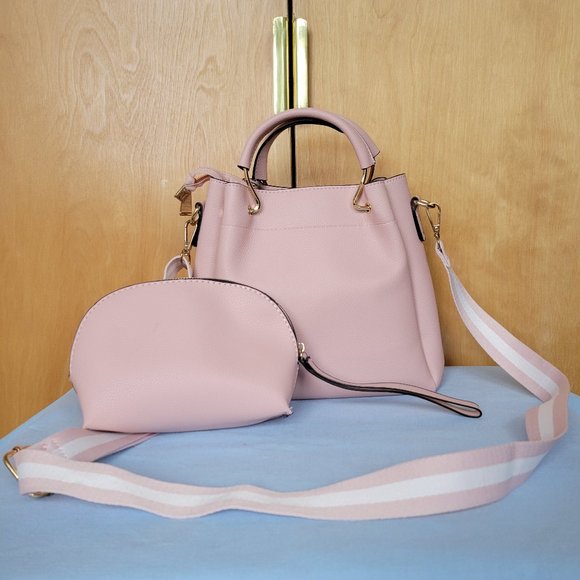 NEW Pink Leather Handbag Crossbody Cute Purse Gold Accent Tote Bag Detach Strap - Picture 1 of 10